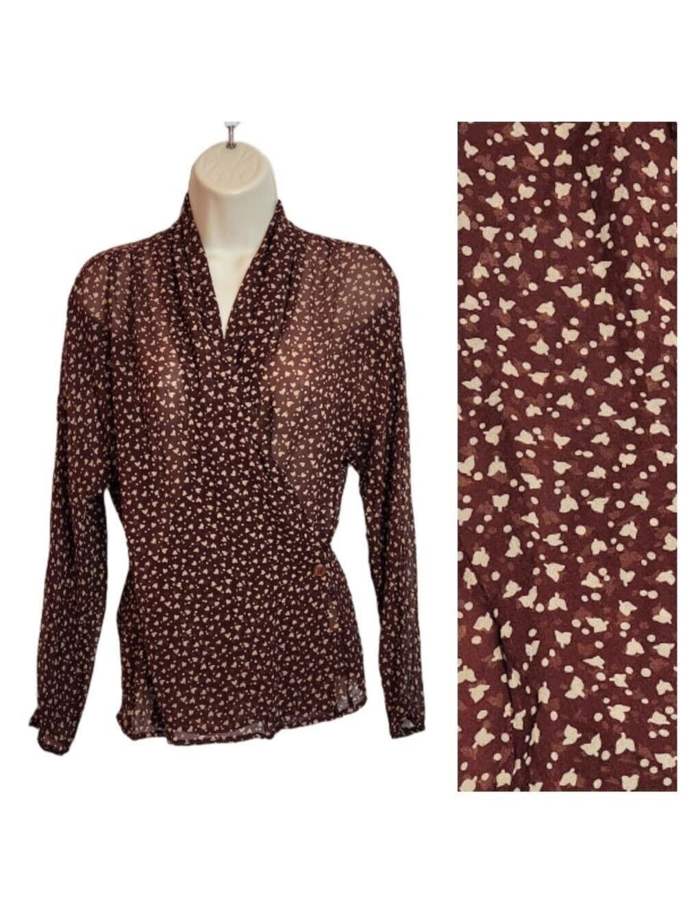 Ann Tjian Kenar Silk Floral Brown Beige Blouse Size 8